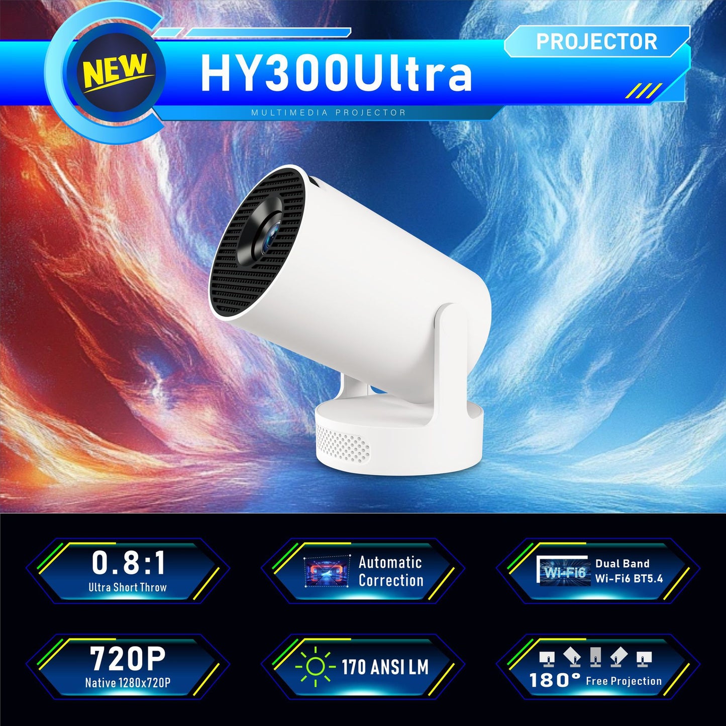 Hy300 Ultra HD 4K Mini Projector - Smart Home Cinema with Short Focus